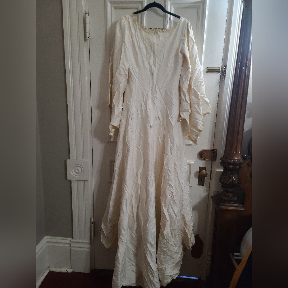 Handmade Raw Silk Medieval Style Wedding Gown and Irridescent Cape. Damaged